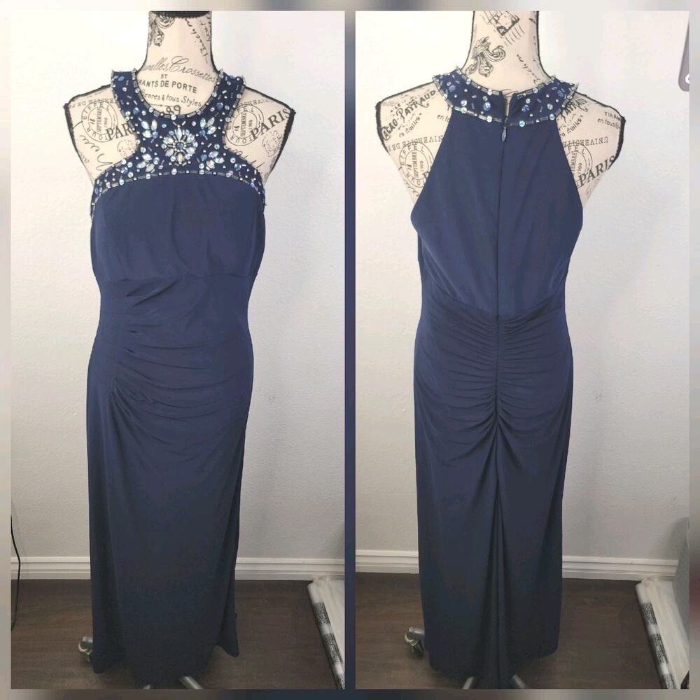 Xscape Dress Womens SZ 10 Navy Beaded Halter Maxi Elegant Formal Wear